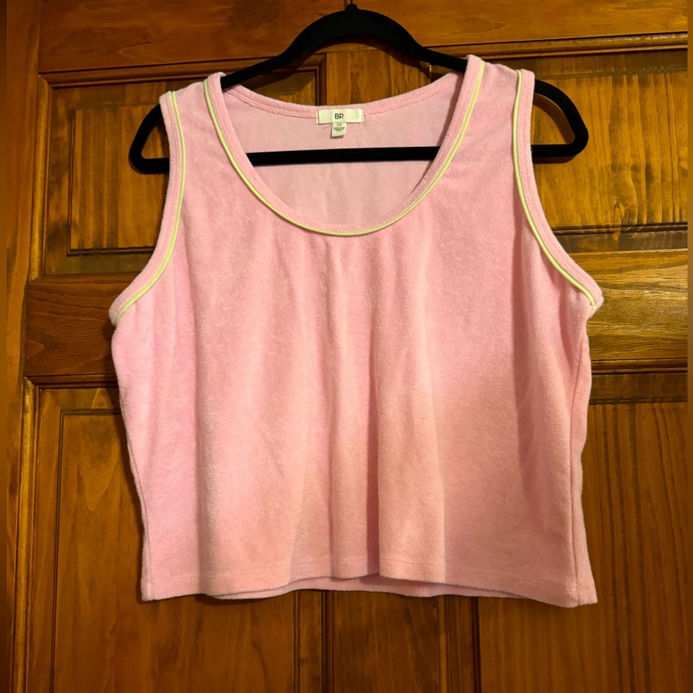 BP Adult Shirt 2X Pink with green piping  Opal Terry Cloth Tank Top Crop Women's